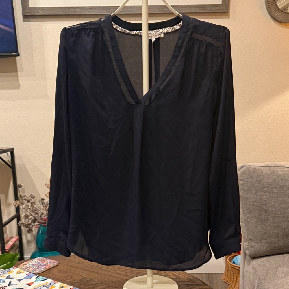 Heartloom Navy V-Neck Sheer Long-Sleeve Blouse